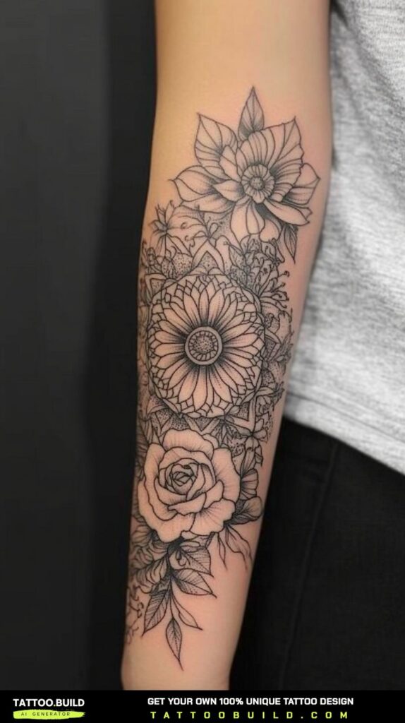 Nature themed sleeve tattoo for women featuring animal and landscape elements