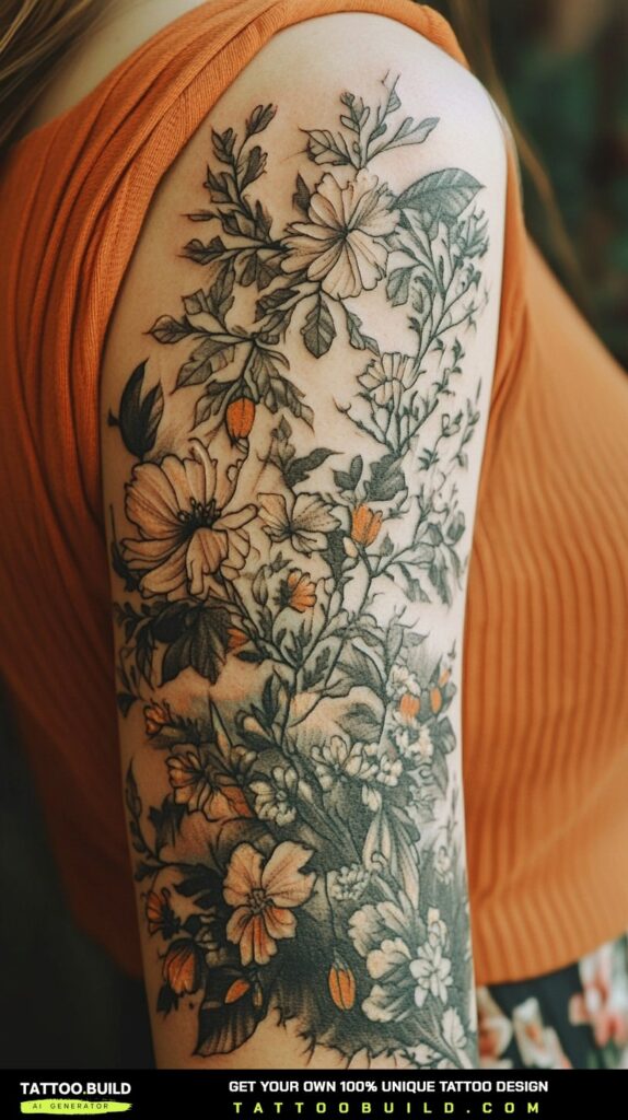 Fine line sleeve tattoo for women using delicate single-needle linework