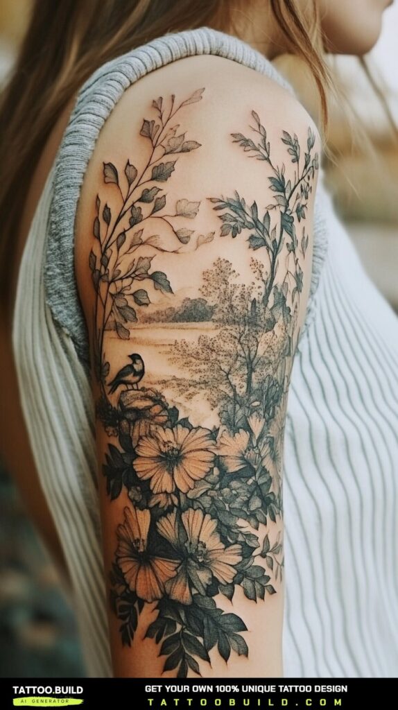 Flower sleeve tattoo for women with soft shading and open negative space