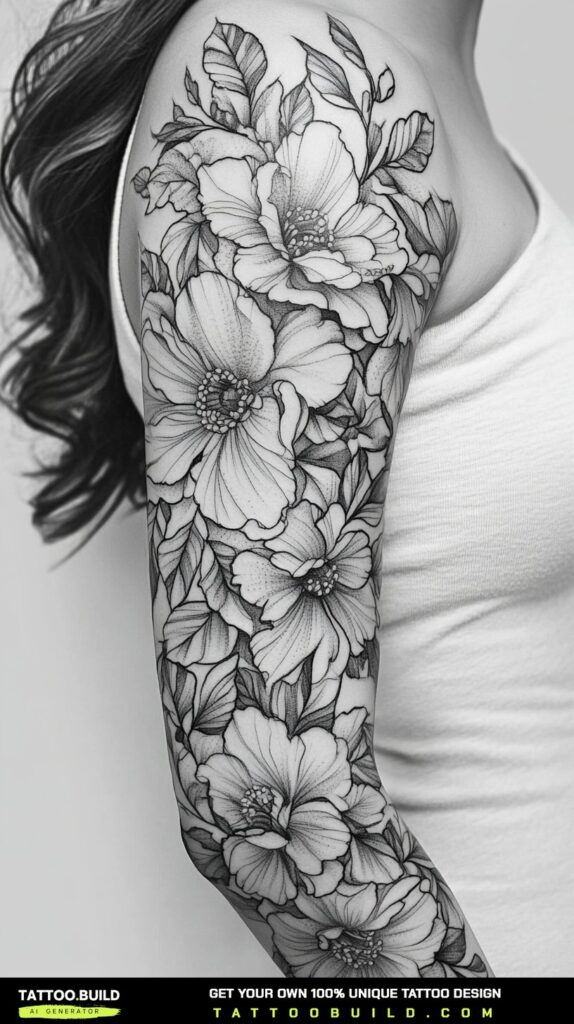 Botanical sleeve tattoo for women blending flowers and leafy stems down the arm
