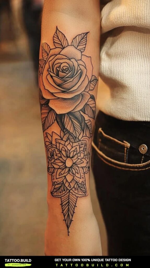 Geometric sleeve tattoo for women using repeating linework and dotwork