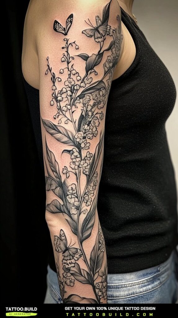 Realistic black and grey sleeve tattoo for women across the upper arm