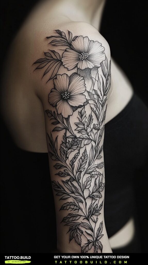 Fine line sleeve tattoo for women combining small illustrative details