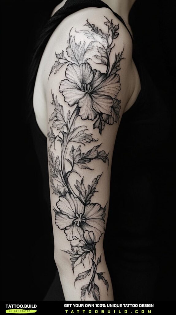 Delicate fine line sleeve tattoo for women with airy spacing between elements