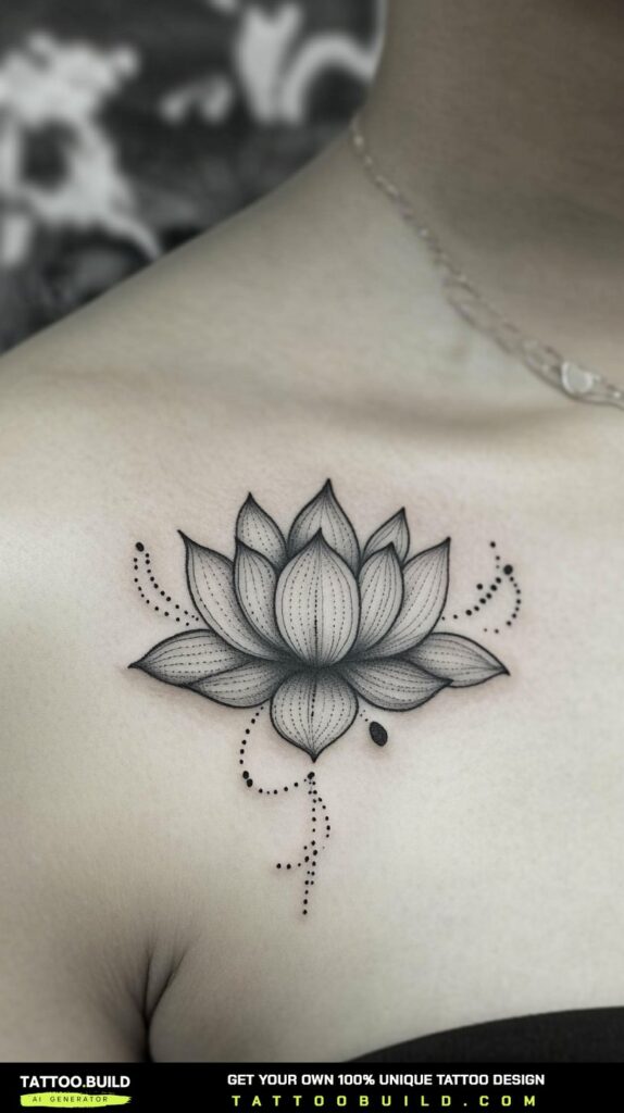 Blackwork lotus flower tattoo with negative-space linework