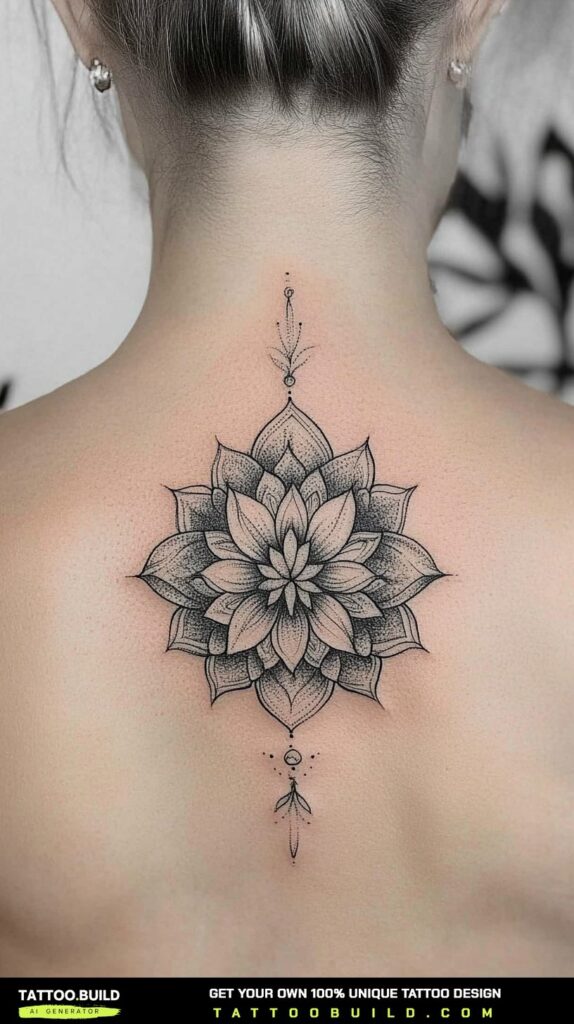 Ornamental chandelier-style lotus tattoo with hanging jewels