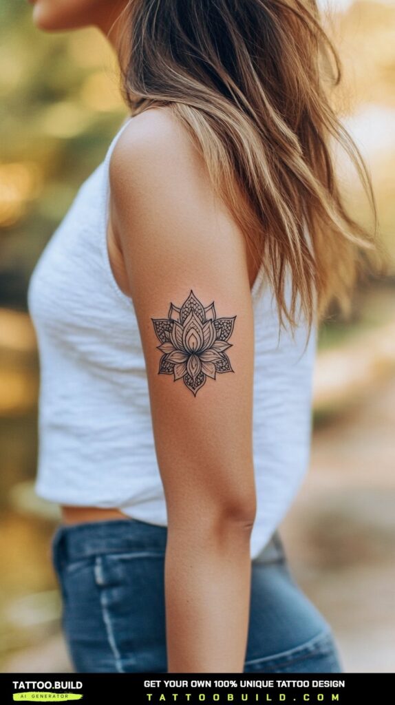 Symmetrical lotus mandala tattoo with dotwork petals