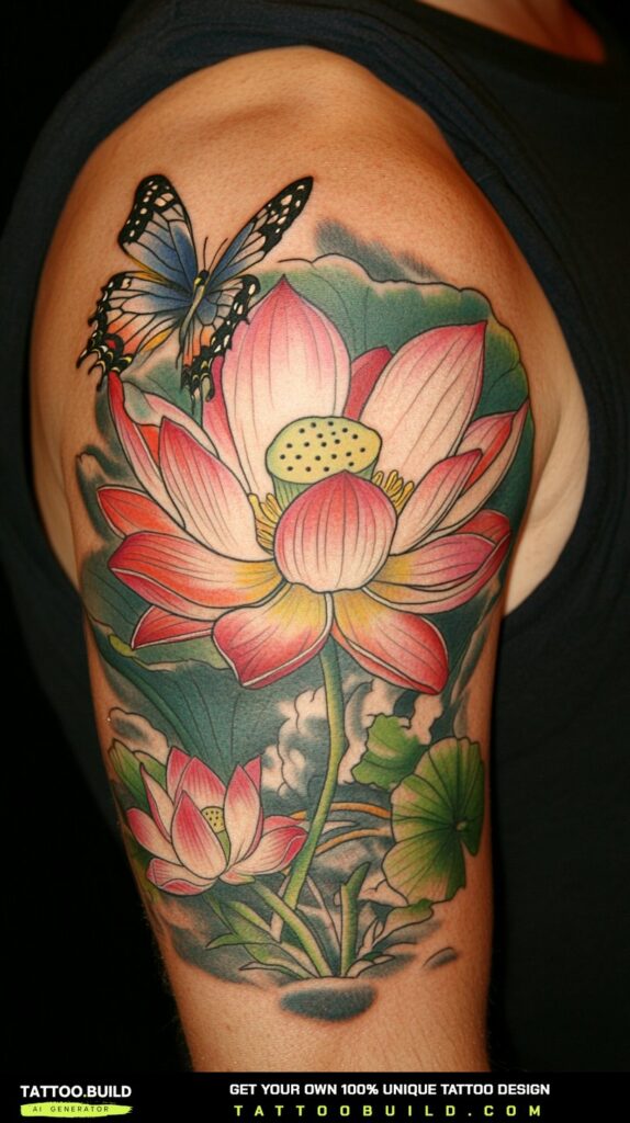 Vertical lotus flower tattoo running down a woman's spine
