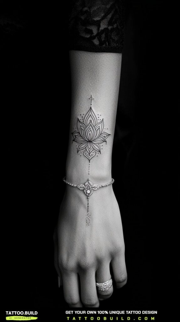 Spine lotus flower tattoo with trailing linework detail