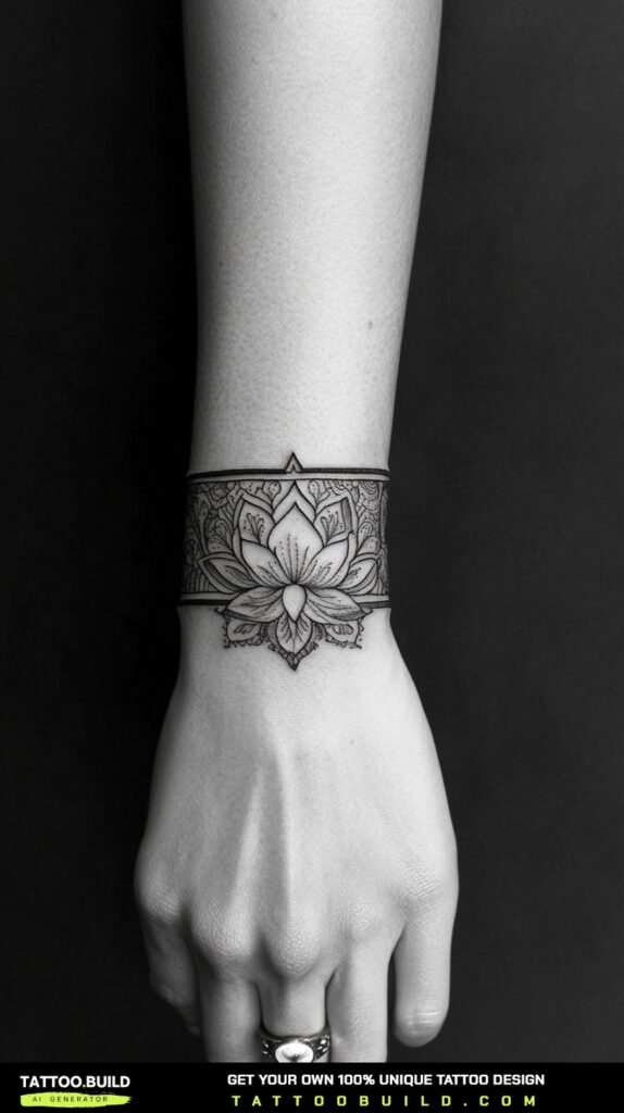 Fine-line lotus tattoo wrapping the side of the forearm