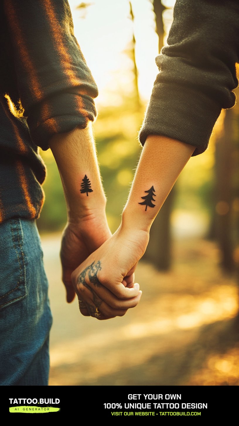 Small best friend tattoos of minimalist pine trees in simple black line work