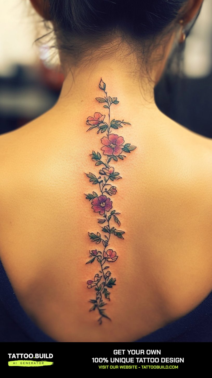 Simple minimalist vine spine tattoo in light black linework down the upper back