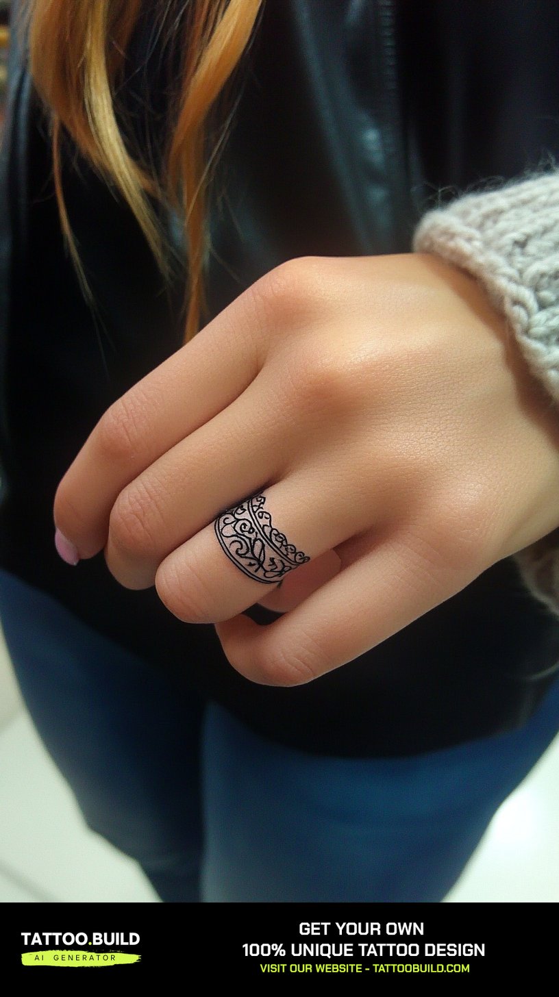 Wedding ring finger tattoo designs inked on a couple's ring fingers