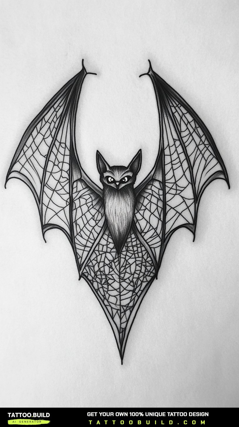 Bat tattoo drawing with spiderweb linework stretched across both wing membranes.