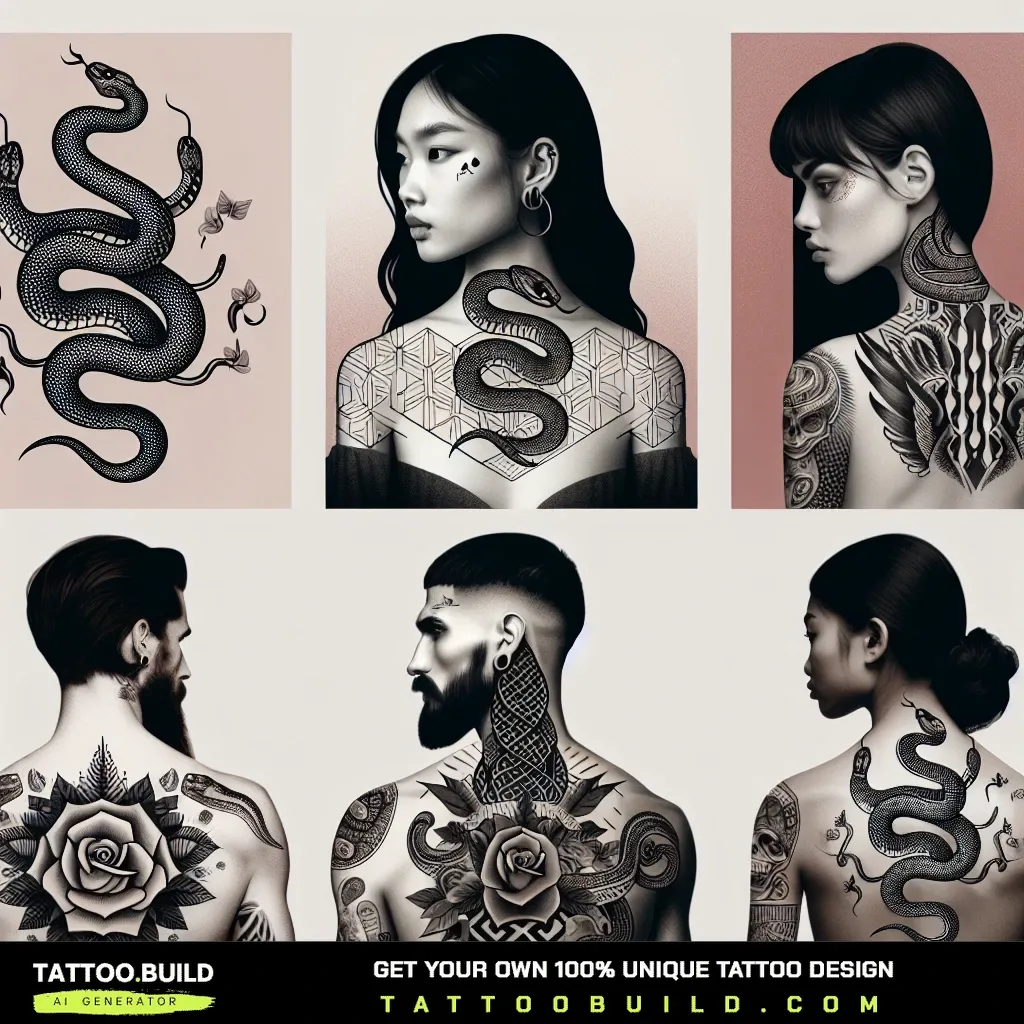Bold Japanese style snake back tattoo covering the shoulder blades, a more masculine snake tattoo interpretation