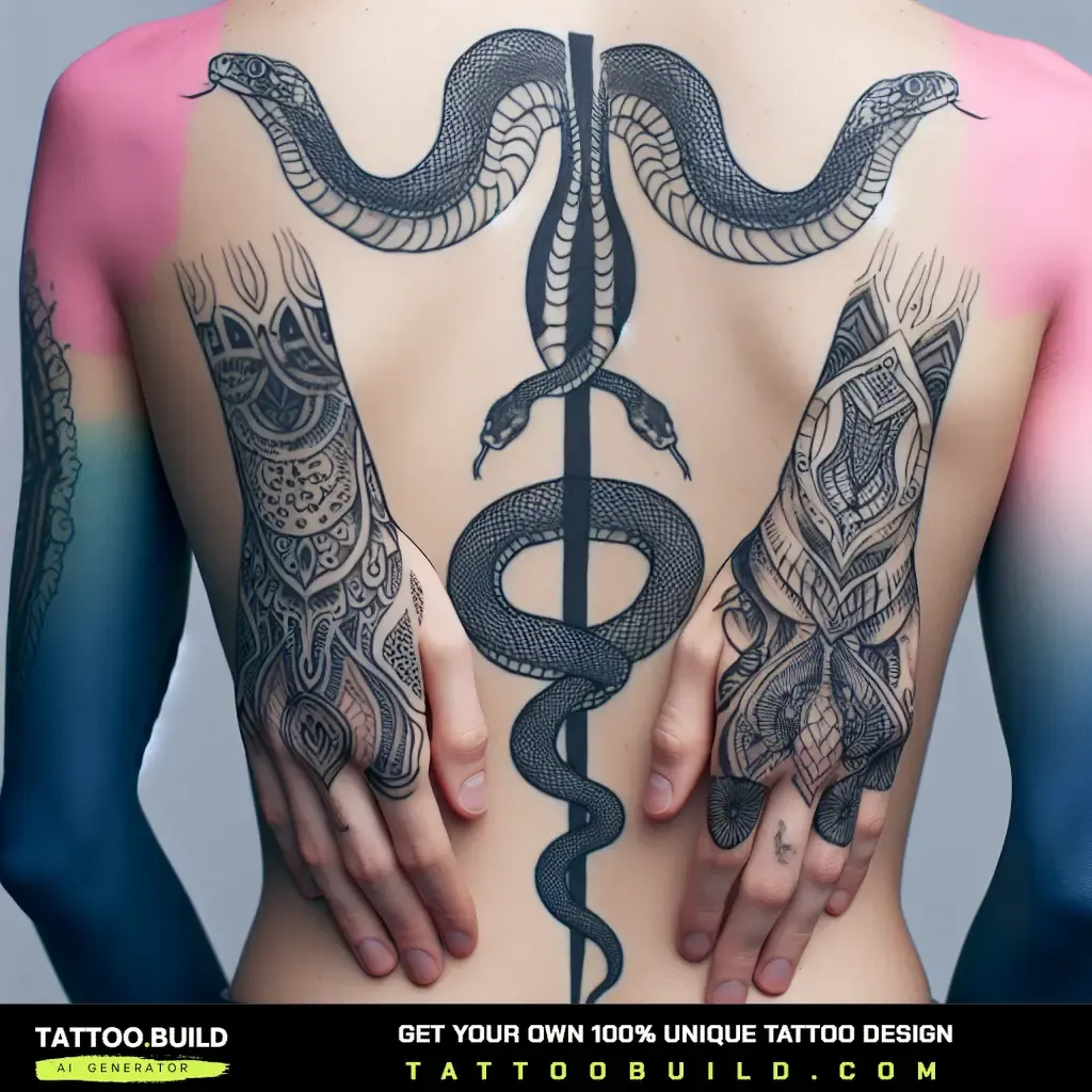 Blackwork snake tattoo on the upper back wrapping over the shoulder, showing how line weight changes the tattoo's gender read