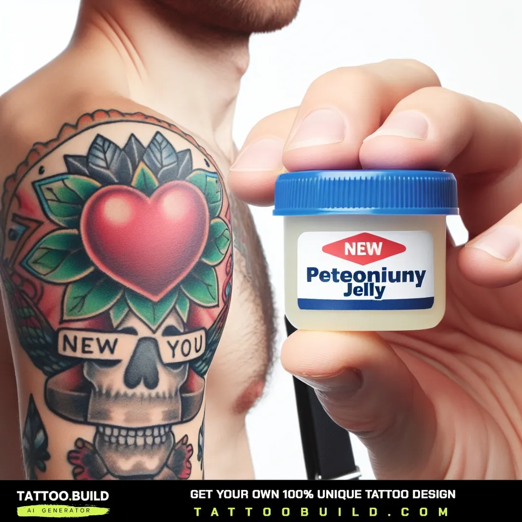 Man with a healed traditional shoulder tattoo holding a small tub of Vaseline petroleum jelly