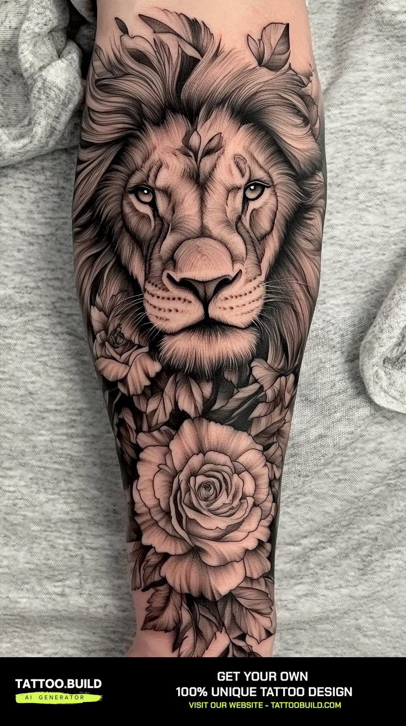 Black and grey lion portrait with a rose in a men's lower arm sleeve tattoo.