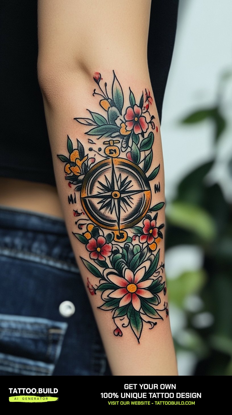 Soft grey wash forearm sleeve tattoo with floral shading