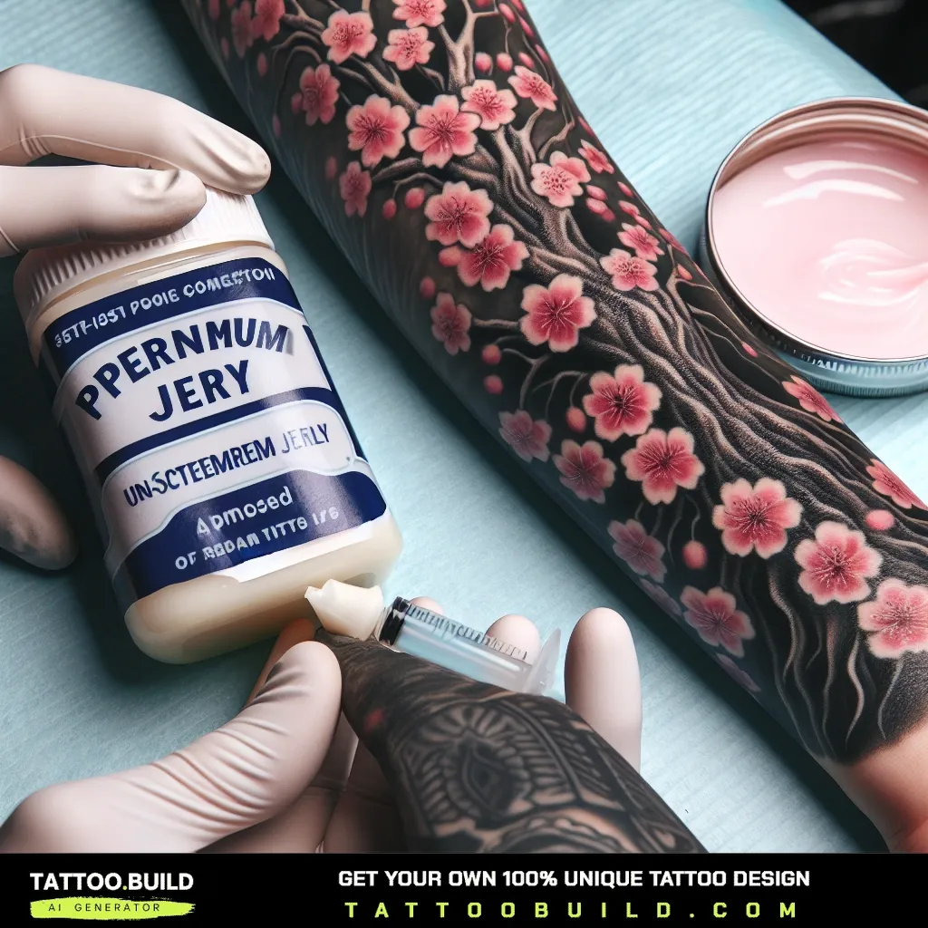 Gloved tattoo artist comparing a jar of Vaseline with tattoo balm beside a healed cherry blossom sleeve
