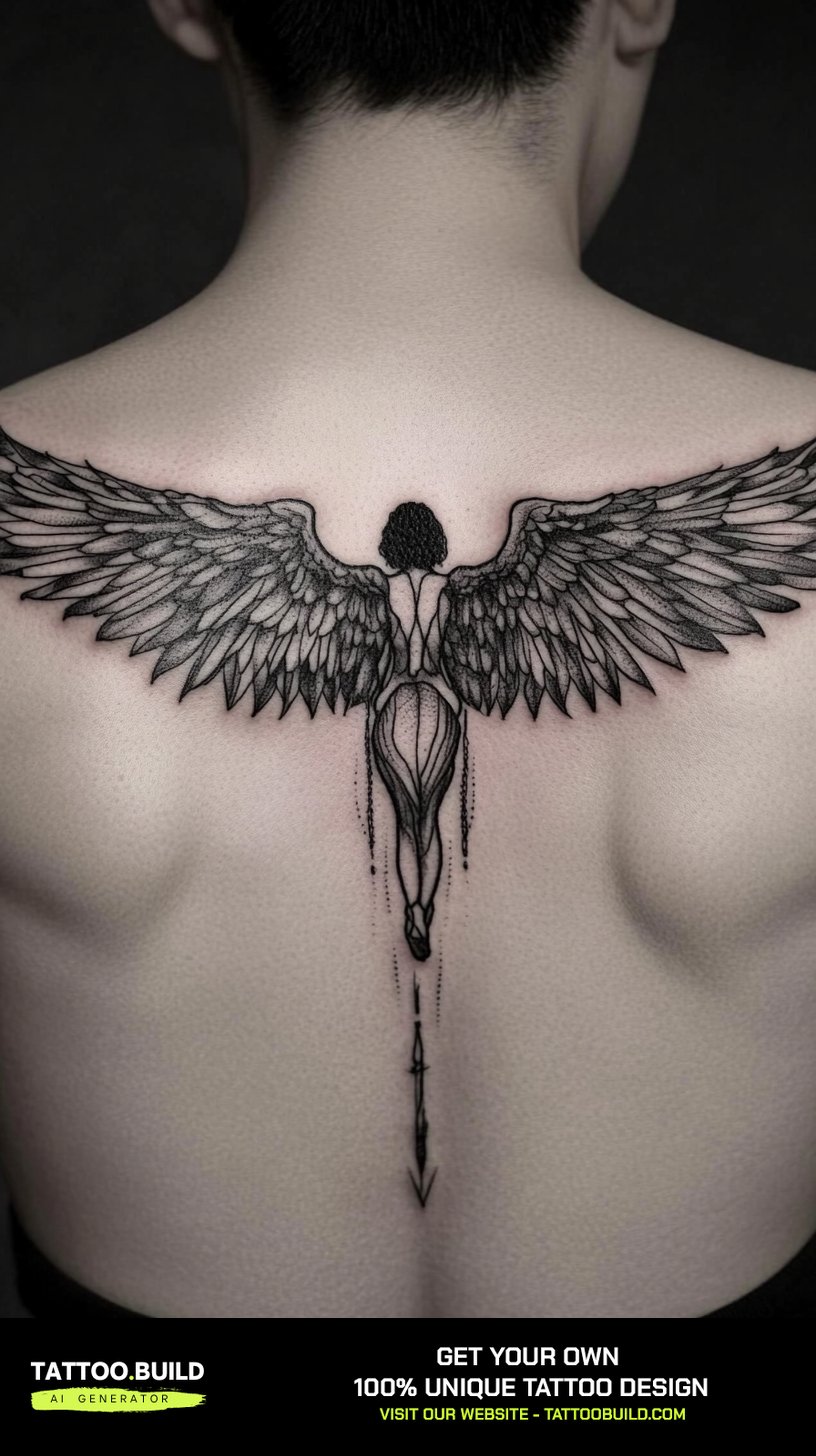 Angel wing tattoo for men spread symmetrically across the upper back and shoulders in fine black line work