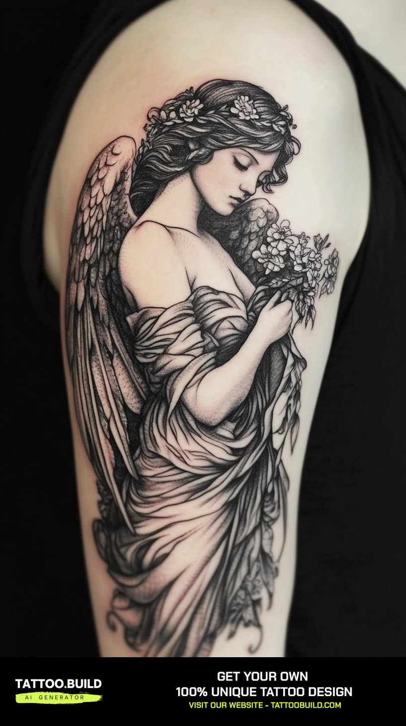 Black and grey angel tattoo for women cradling a bouquet of flowers on the upper arm.