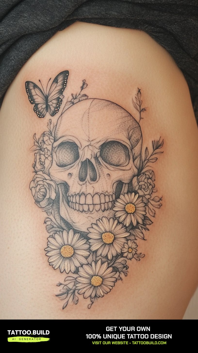 Classy hip tattoo for women of a fine line skull surrounded by daisies and a butterfly