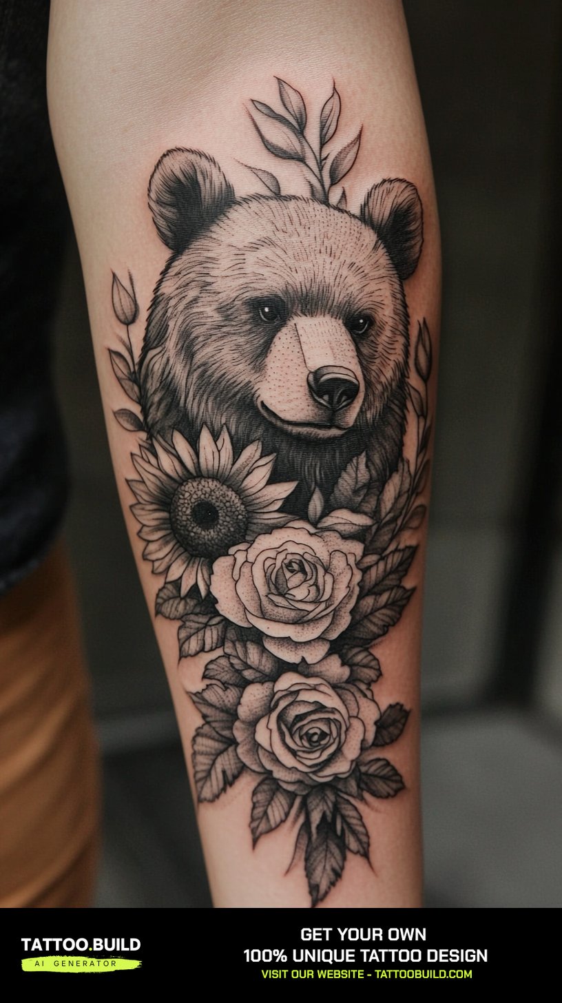 Nature themed sleeve tattoo for women featuring leaves, branches and small florals