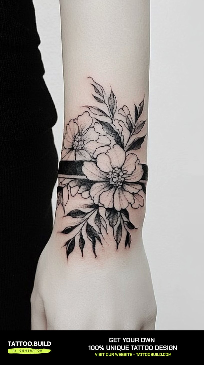 Bold peony bracelet tattoo blooming over a solid black wrist band