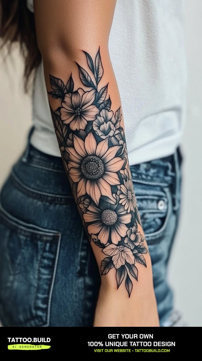 Finished floral half sleeve tattoo covering a forearm from elbow to wrist