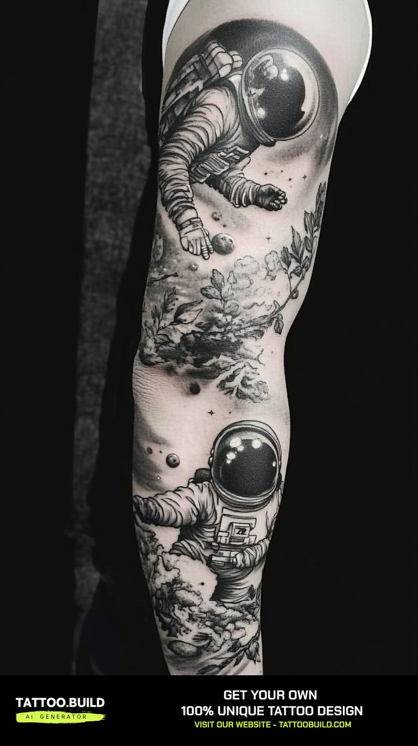 Nature tattoo for men blending an astronaut with rocky landscape elements on the arm