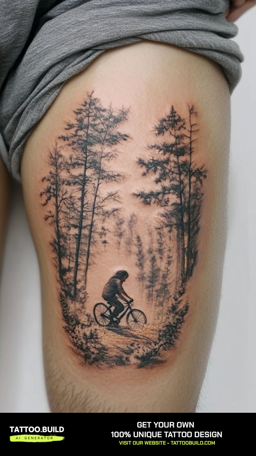 Fine line nature tattoo for men showing a cyclist riding through a forest on the thigh