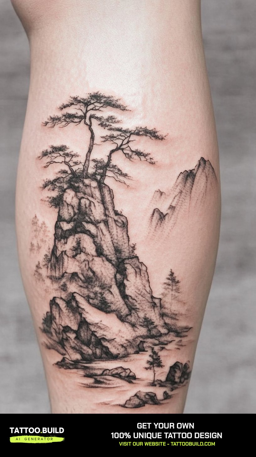Ink wash nature tattoo for men with a rocky mountain and pine on the calf
