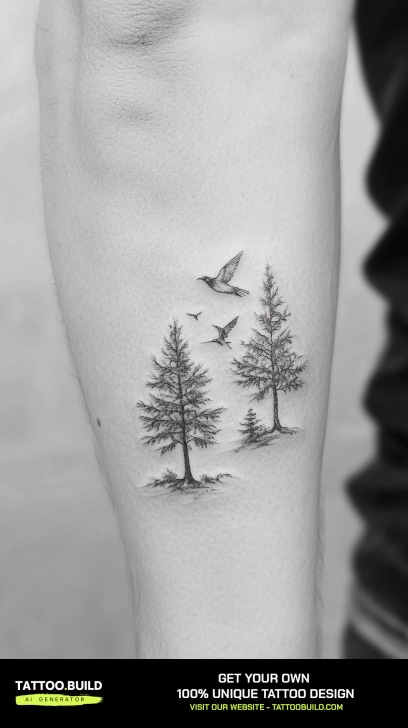 Fine line nature tattoo for men with two small pine trees and birds on the lower leg