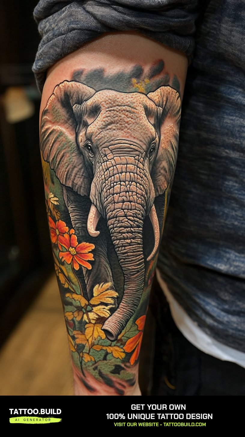 Color nature tattoo for men showing a realistic elephant among orange wildflowers on the forearm