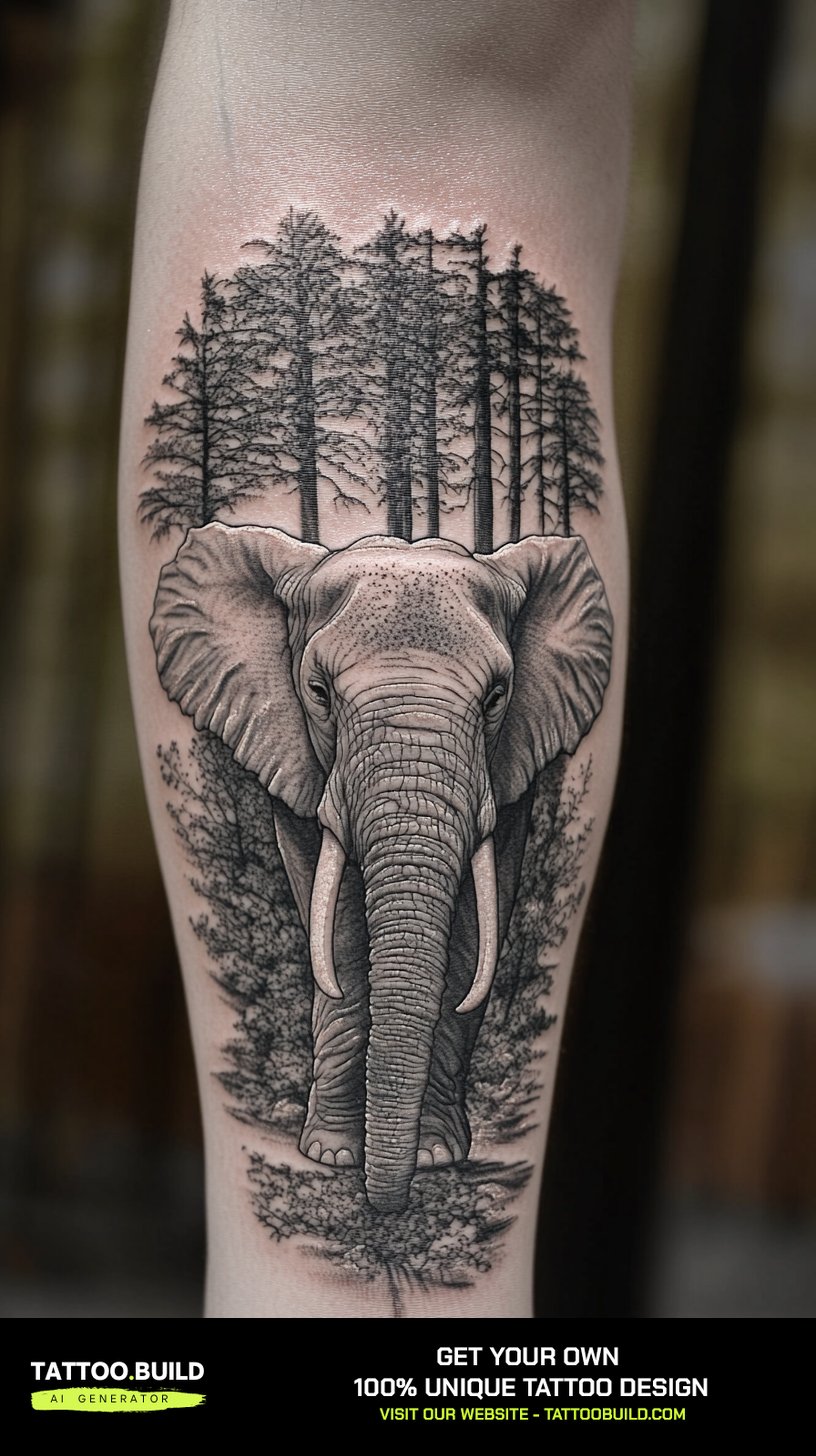 Black and grey nature tattoo for men of an elephant emerging from a pine forest on the forearm