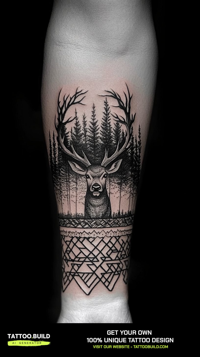 Nature tattoo for men with a stag inside a pine forest above a geometric ornamental band