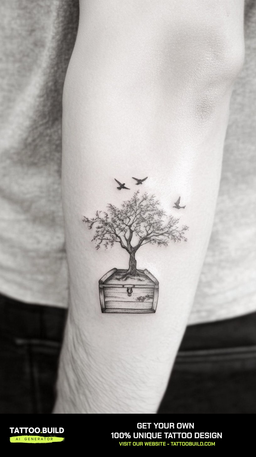 Small fine line nature tattoo for men of a tree growing from a chest with birds on the forearm