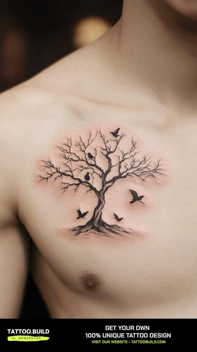 Fine line nature tattoo for men showing a bare tree with birds across the chest