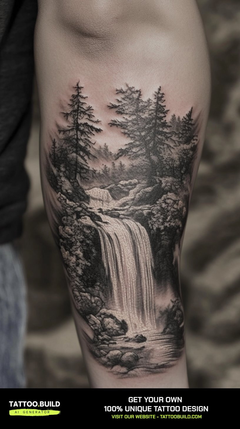Black and grey nature tattoo for men of a waterfall in a forest gorge on the upper arm