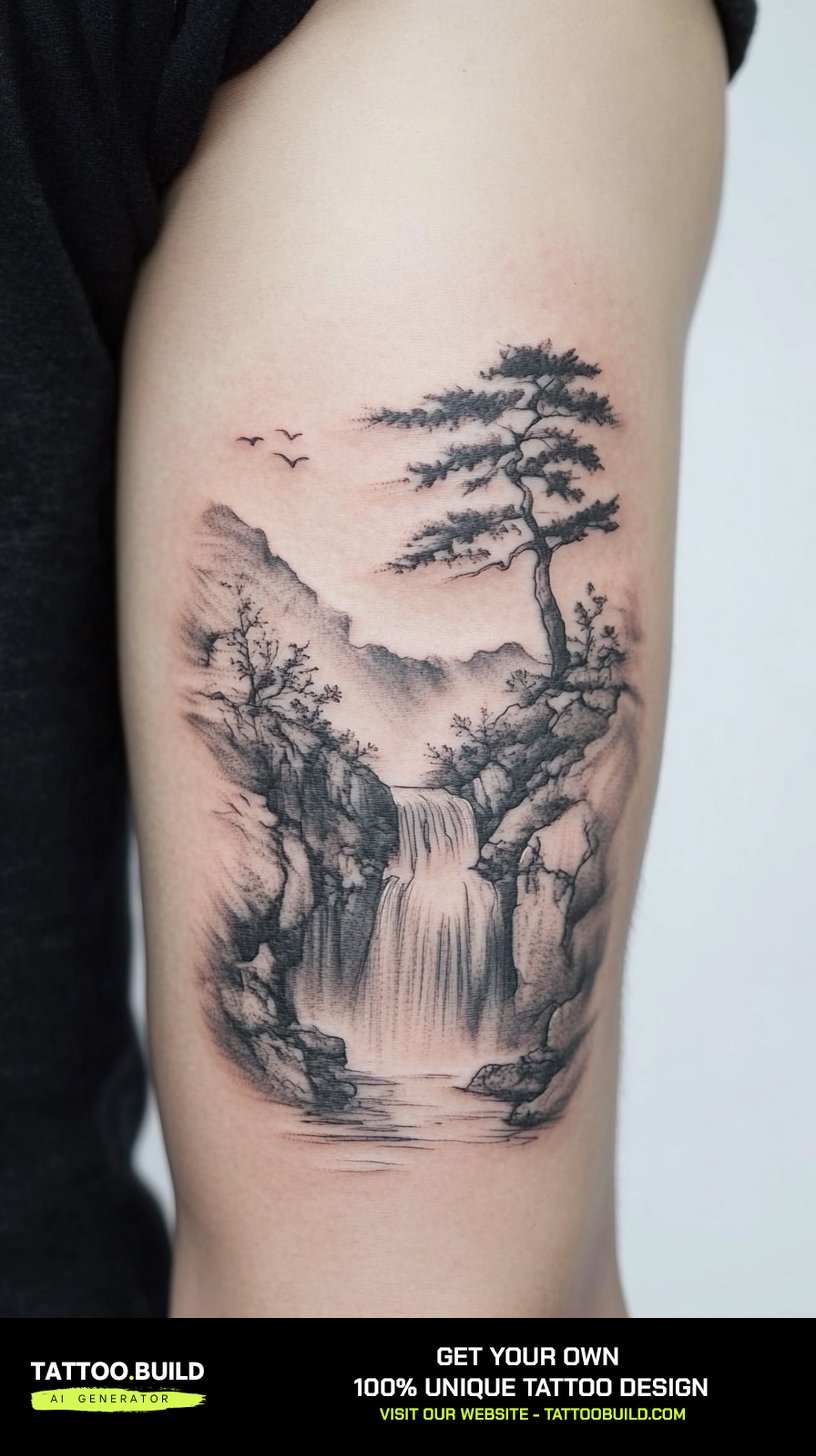 Nature tattoo for men with a waterfall, pine and misty mountains on the inner arm