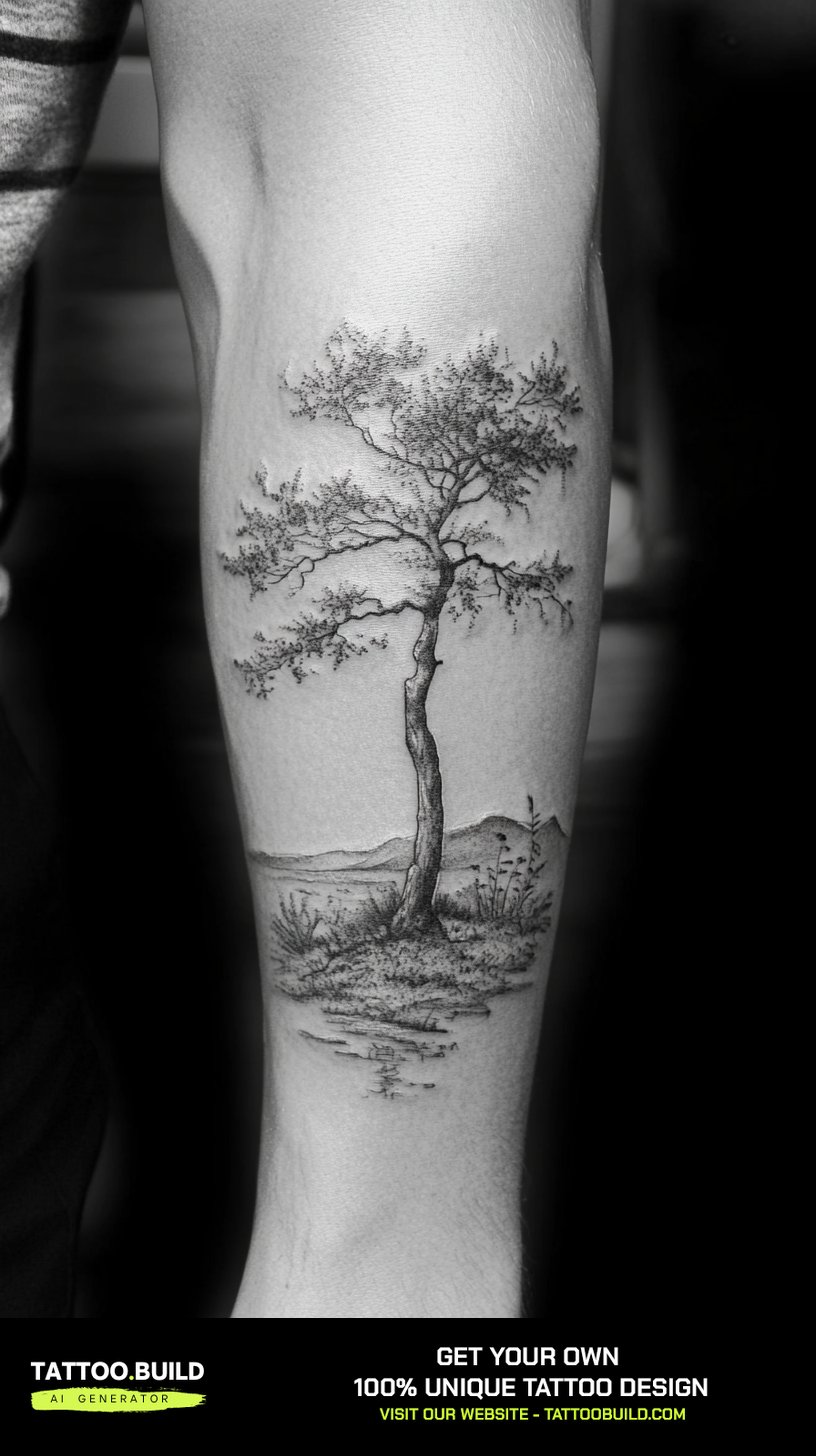 Minimal nature tattoo for men with a single lone windswept tree in fine line work