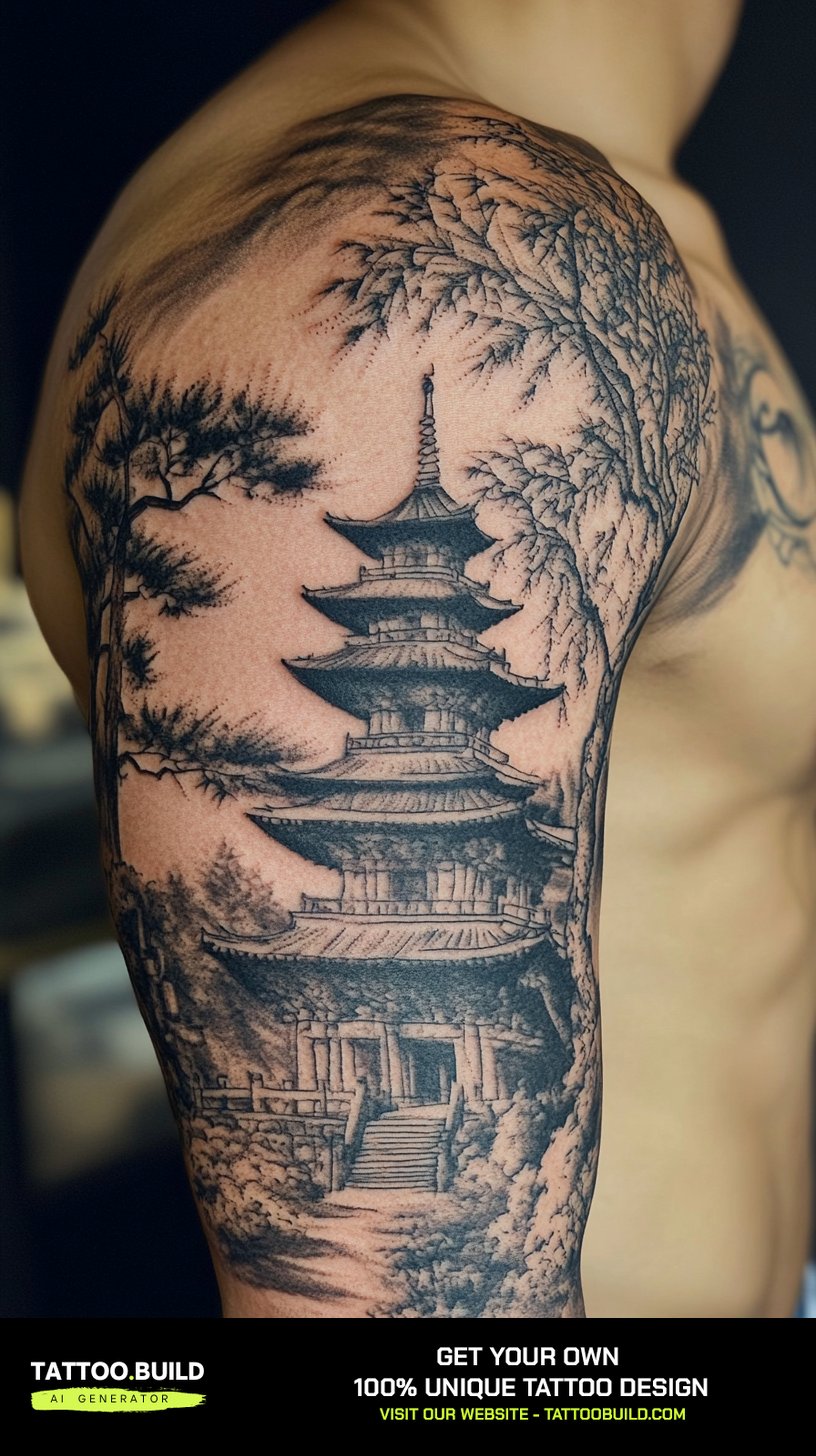 Japanese nature tattoo for men with a pagoda temple among pines and clouds on the upper arm