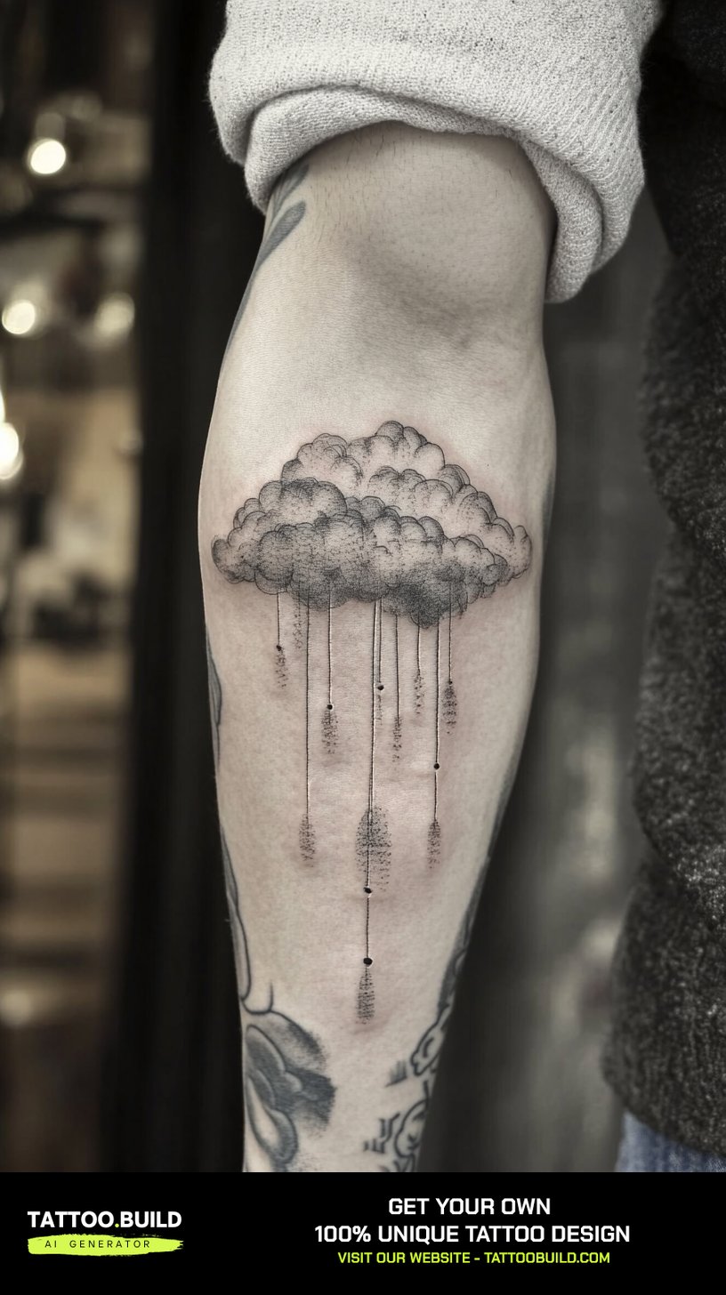 Dotwork nature tattoo for men of a cloud with hanging rain strands on the forearm