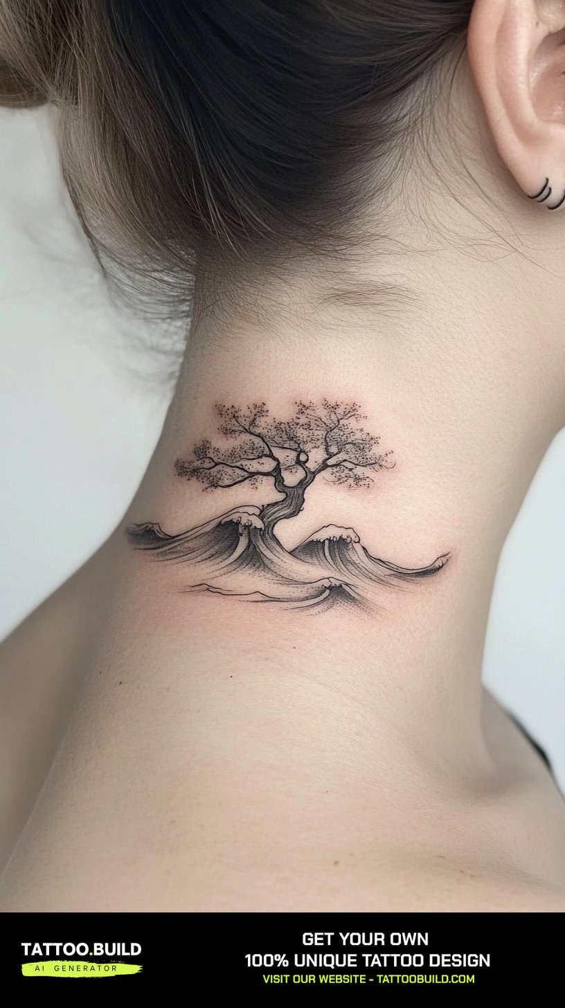 Bonsai tree and wave neck tattoo for women in black and grey on the back of the neck
