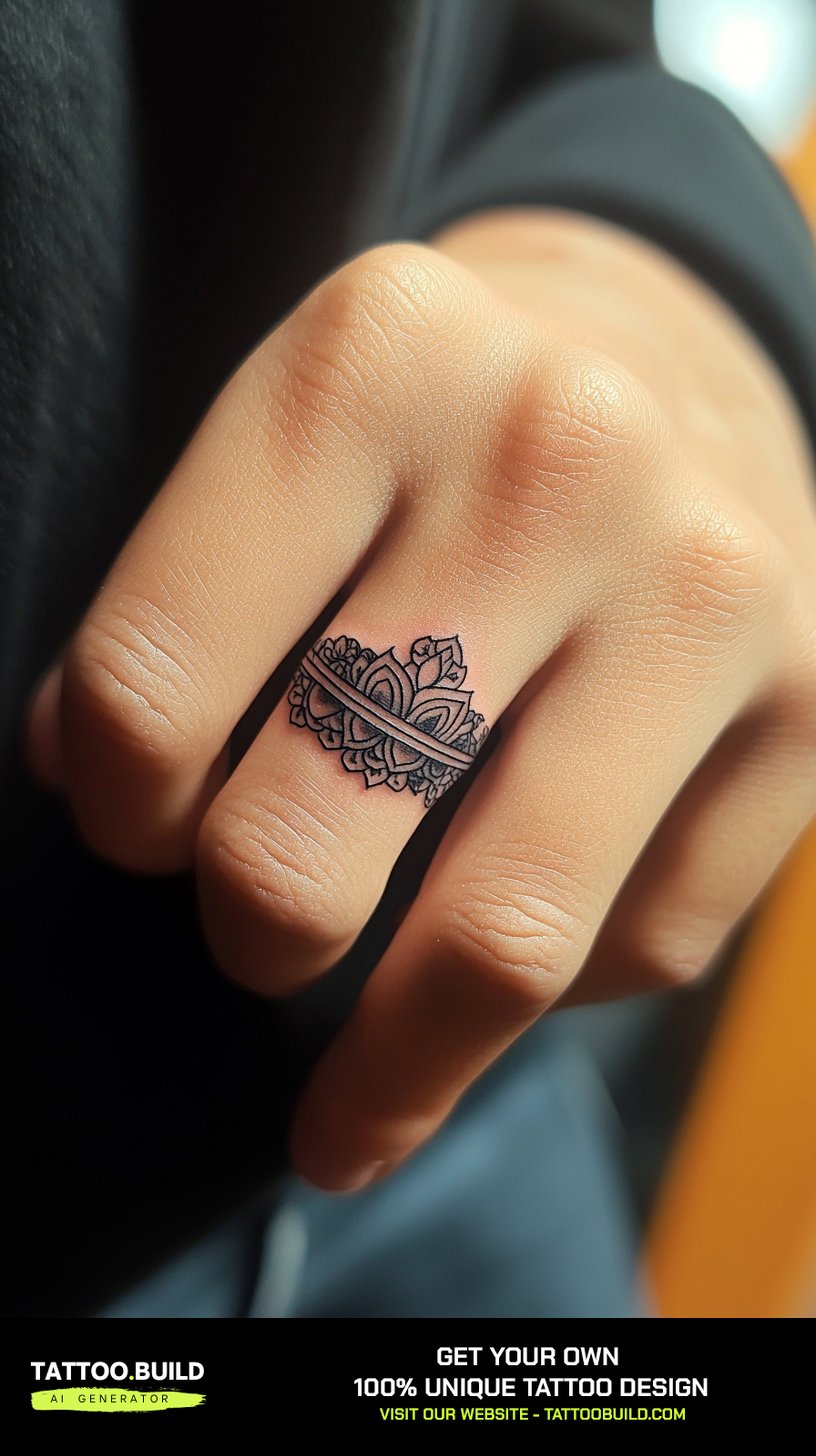 Double band wedding ring tattoo idea with two thin stacked lines on the finger