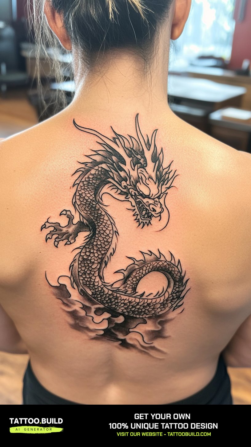 Back tattoo for men showing a coiling Asian dragon across the upper back and shoulder blades in fine black linework.