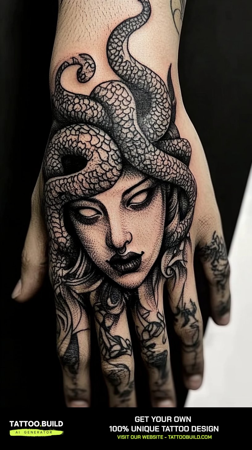 Blackwork pattern hand tattoo for men extending onto each finger