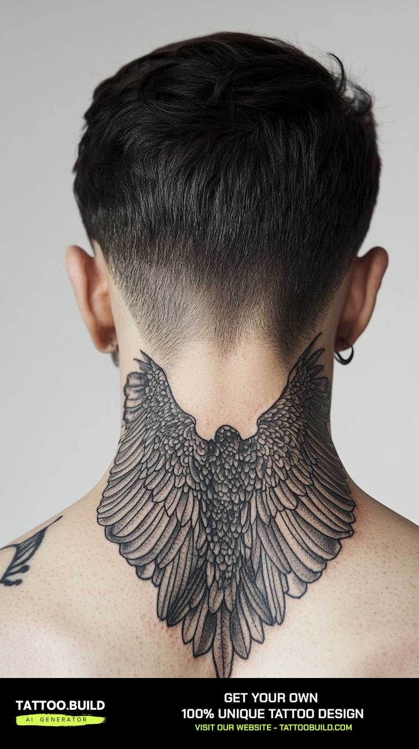 Back of the neck tattoo for males with an ornamental design fanning across the nape.