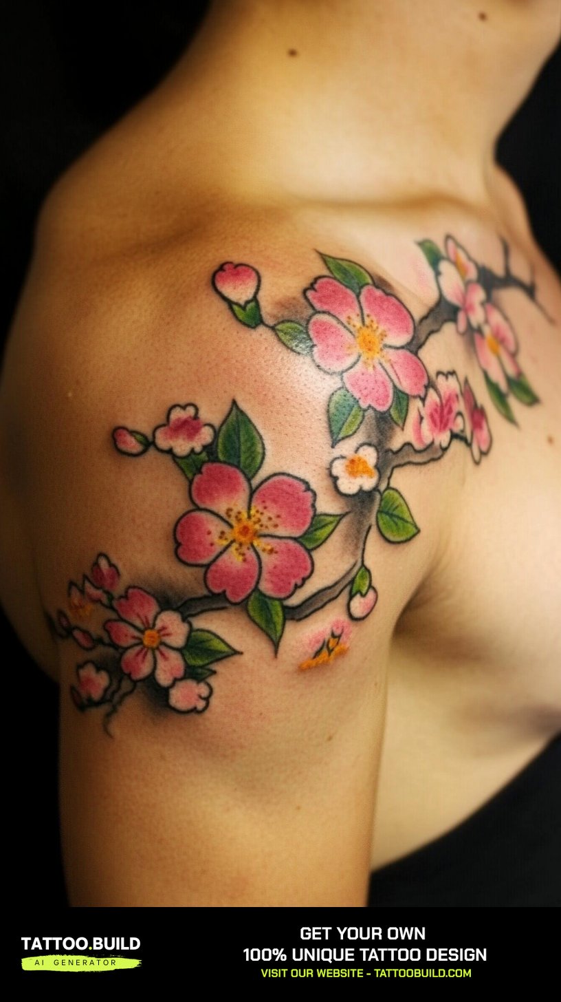Watercolor cherry blossom tattoo with soft pink and lilac washes bleeding past the linework